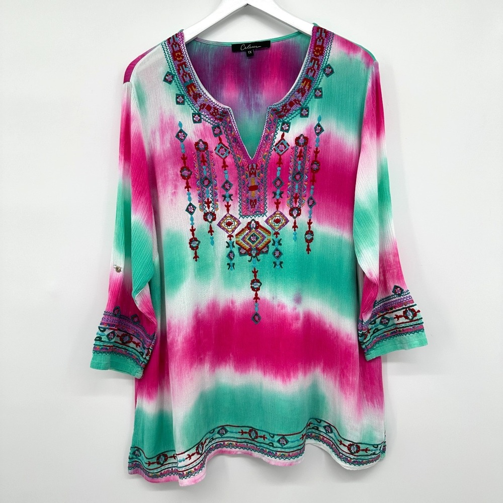 Calessa Tunic Top Shirt Size 1X Embroidered Tie Dye 3/4 Sleeves Boho Festival